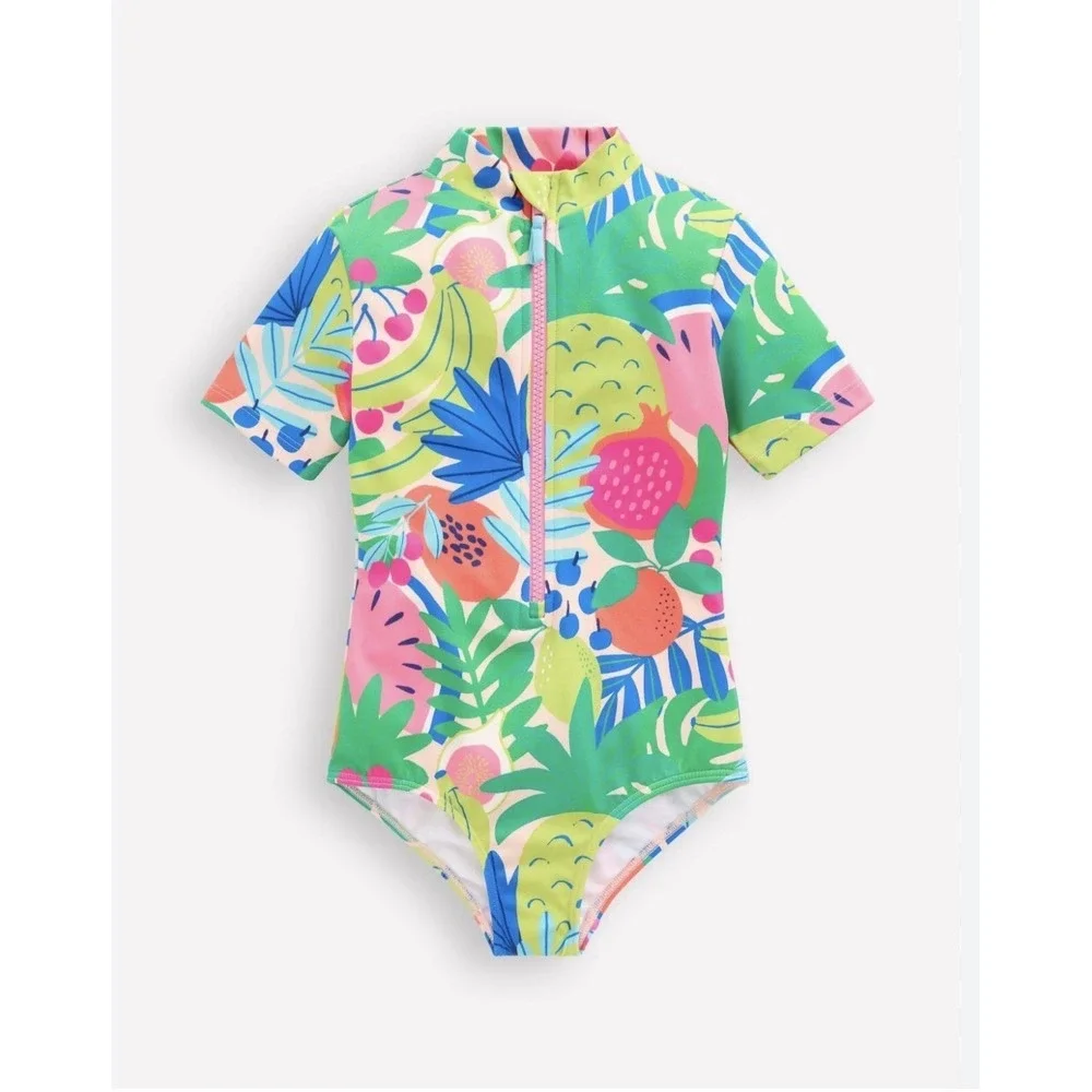 Mini Boden Girls 1-Piece Short Sleeve Tropical Rash Guard Swimsuit Sz 6-7 Years